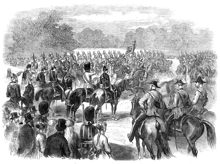 Framed Print : The Guards Parade at the Horse Guards in honour of the Queen's Birthday, 1869. Creator: Unknown Framed Print : The Guards Parade at the Horse Guards in honour of the Queen's Birthday, 1869. Creator: Unknown