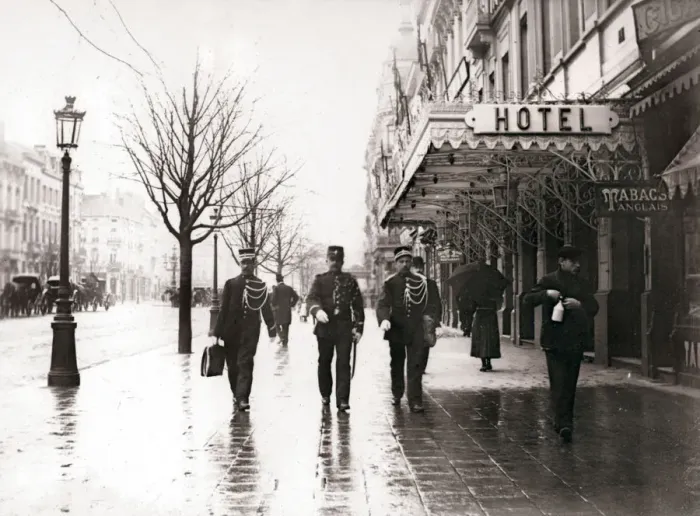 Framed Print : Guards on the street, Brussels, 1898. Artist: James Batkin