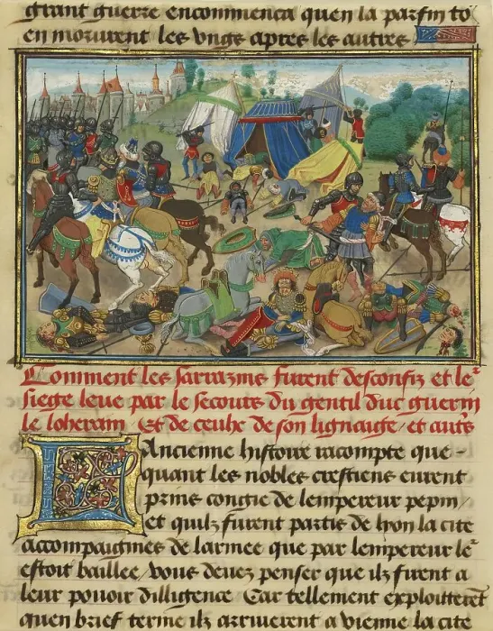 Framed Print : Guerin de Lorraine Freeing Vienne from the Saracens, written 1463-1465; illuminated 1467-1472. Creators: Loyset Liedet, Pol Fruit
