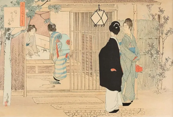 Framed Print : Guests go home. From the series Chanoyu Hibi-gusa (The Daily Practice of the Tea Ceremony), 1896. Creator: Toshikata, Mizuno (1866-1908). Guests go home. From the series Chanoyu Hibi-gusa (The Daily Practice of the Tea Ceremony), 1896 Framed Print : Guests go home. From the series Chanoyu Hibi-gusa (The Daily Practice of the Tea Ceremony), 1896. Creator: Toshikata, Mizuno (1866-1908). Guests go home. From the series Chanoyu Hibi-gusa (The Daily Practice of the Tea Ceremony), 1896
