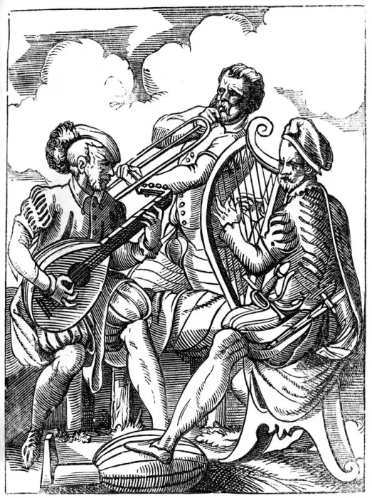 Framed Print : A guitarist, a lutenist and a trombone player, 16th century (1849). Artist: Jost Amman Framed Print : A guitarist, a lutenist and a trombone player, 16th century (1849). Artist: Jost Amman