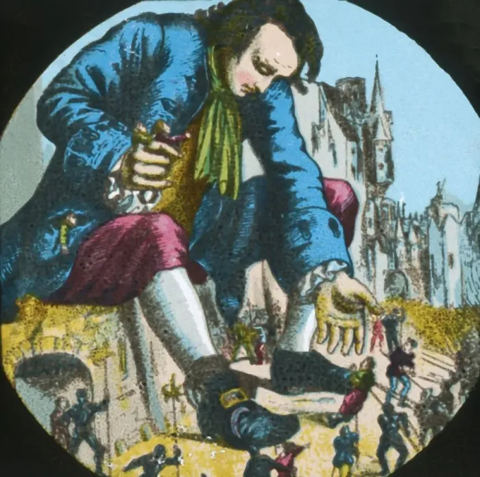 Framed Print : Gulliver frees the ringleaders of an attack against him, lantern slide, late 19th century Framed Print : Gulliver frees the ringleaders of an attack against him, lantern slide, late 19th century