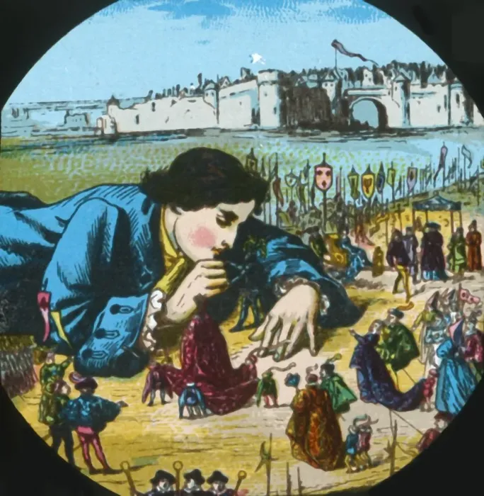 Framed Print : Gulliver is granted his freedom, lantern slide, late 19th century. Creator: Unknown Framed Print : Gulliver is granted his freedom, lantern slide, late 19th century. Creator: Unknown
