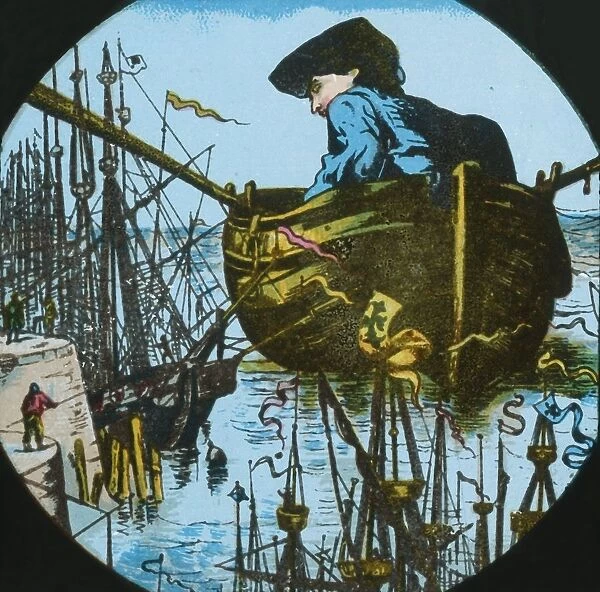 Gulliver leaves Lilliput, lantern slide, late 19th century. Creator: Unknown