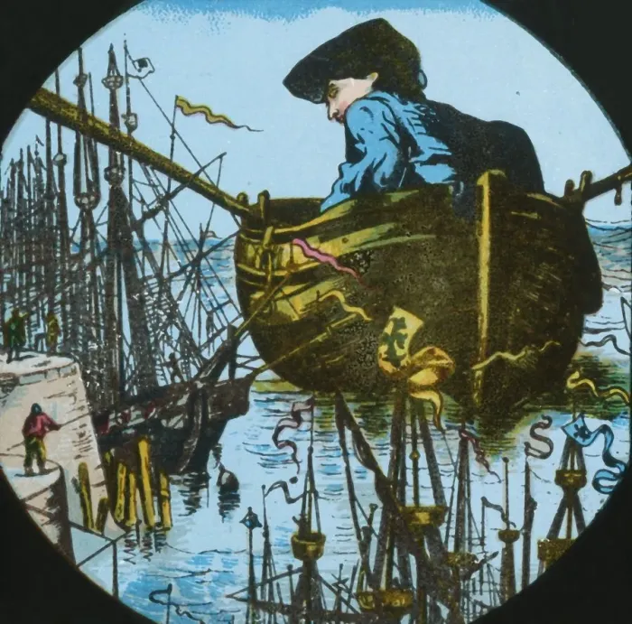 Framed Print : Gulliver leaves Lilliput, lantern slide, late 19th century. Creator: Unknown Framed Print : Gulliver leaves Lilliput, lantern slide, late 19th century. Creator: Unknown