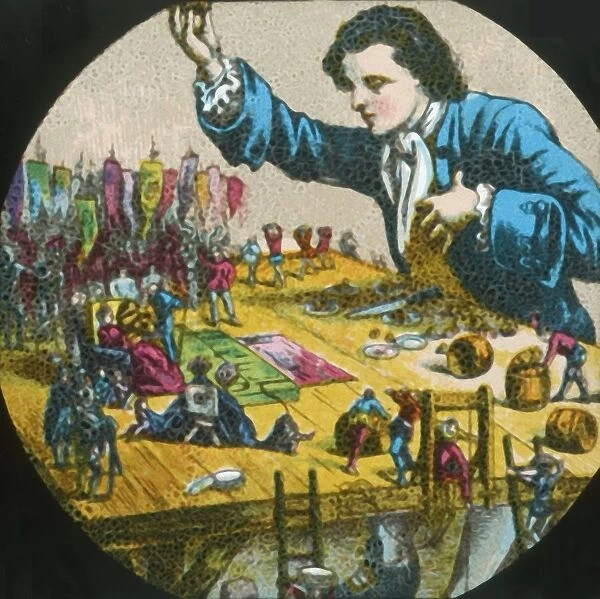Gulliver with the Lilliputians, lantern slide, late 19th century. Creator: Unknown