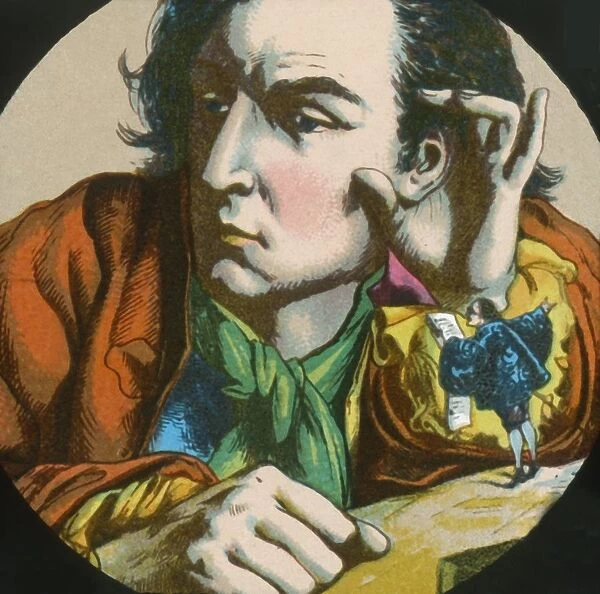Gulliver listens to a Lilluputian reading a proclamation, lantern slide, late 19th century