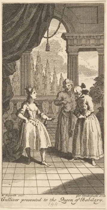 Framed Print : Gulliver Presented to the Queen of Babilary, Frontispiece to The Travels of Mr Framed Print : Gulliver Presented to the Queen of Babilary, Frontispiece to The Travels of Mr