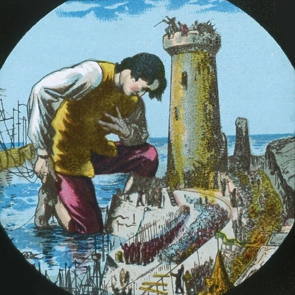 Gulliver is thanked by the emperor of Lilliput... lantern slide, late 19th century