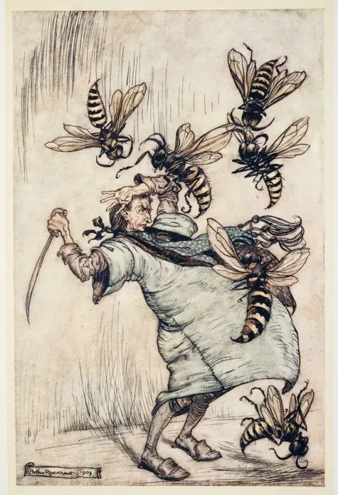 Framed Print : Gullivers Combat with The Wasps, from Gullivers Travels by Jonathon Swift (1667 - 1745), 1909 Framed Print : Gullivers Combat with The Wasps, from Gullivers Travels by Jonathon Swift (1667 - 1745), 1909