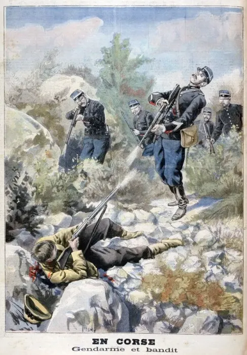 Framed Print : A gun battle between a bandit and the gendarmerie, Corsica, 1898. Artist: F Meaulle Framed Print : A gun battle between a bandit and the gendarmerie, Corsica, 1898. Artist: F Meaulle