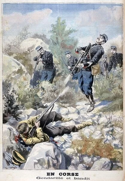 A gun battle between a bandit and the gendarmerie, Corsica, 1898. Artist: F Meaulle