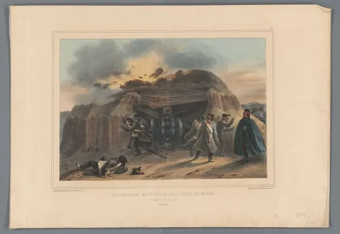 Framed Print : Gun emplacement hit by a bomb, 1832, (1833). Creator: Auguste Raffet Framed Print : Gun emplacement hit by a bomb, 1832, (1833). Creator: Auguste Raffet