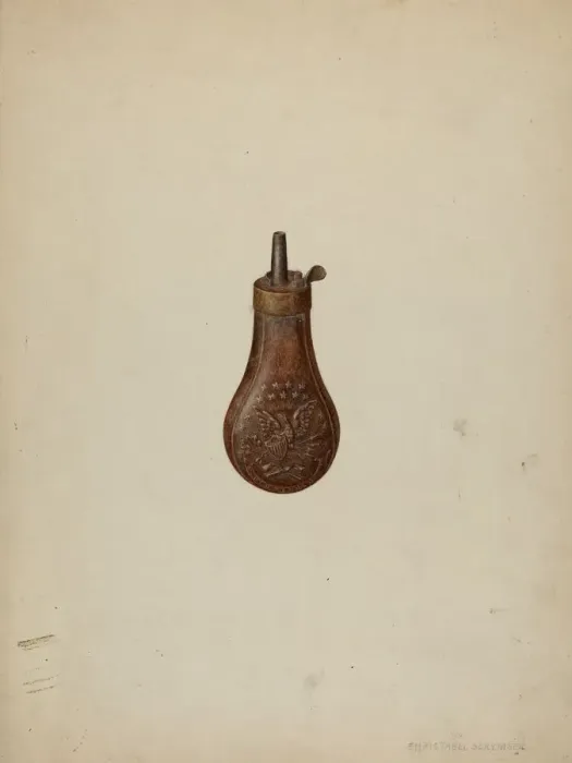 Framed Print : Gun Powder Flask, c. 1938. Creator: Christabel Scrymser Framed Print : Gun Powder Flask, c. 1938. Creator: Christabel Scrymser