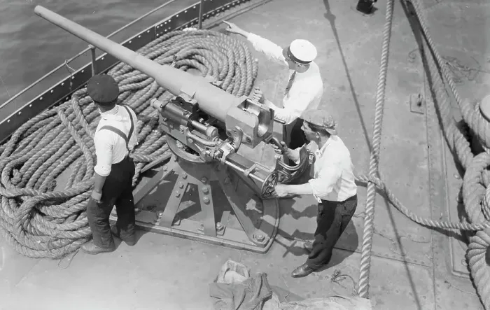 Framed Print : Gun on SS Milazzo, 1916. Creator: Bain News Service Framed Print : Gun on SS Milazzo, 1916. Creator: Bain News Service