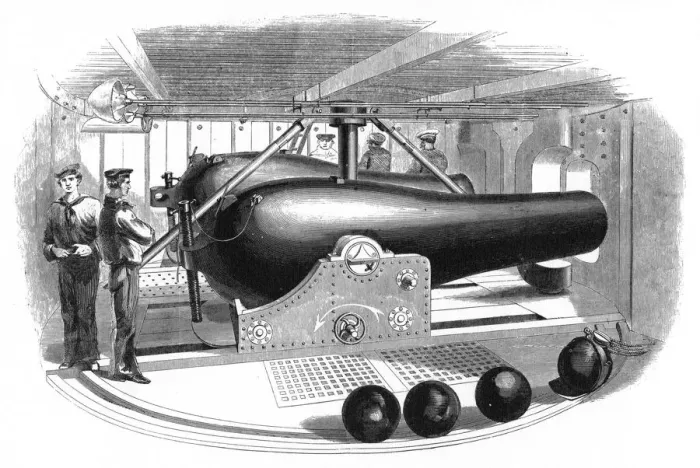 Framed Print : Gun Turret Aboard USS Passaic, c1860s Framed Print : Gun Turret Aboard USS Passaic, c1860s