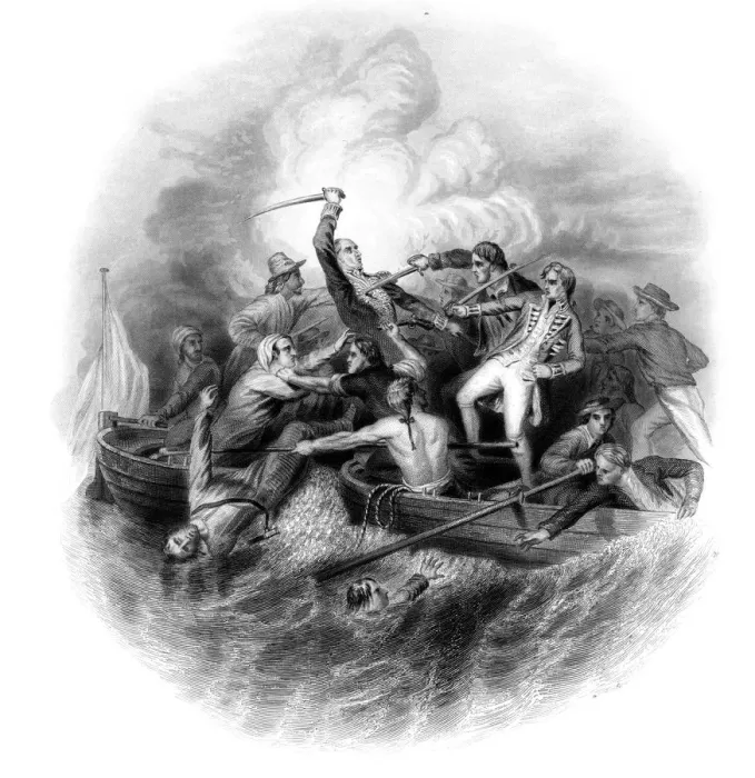 Framed Print : Gunboat encounter between Nelson and Don Miguel Tyrason, 1797. Artist: George Greatbatch Framed Print : Gunboat encounter between Nelson and Don Miguel Tyrason, 1797. Artist: George Greatbatch