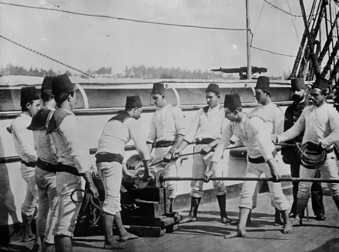Framed Print : Gunners aboard Turkish ship, at posts, 1912. Creator: Bain News Service Framed Print : Gunners aboard Turkish ship, at posts, 1912. Creator: Bain News Service