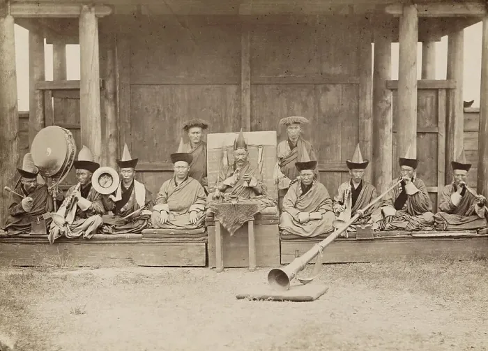 Framed Print : Gusinoozersk Datsan Khamba Lama (abbot (1)), lamas and lama musicians... 1880-1889. Creator: Peter Adamovich Milevskiy Framed Print : Gusinoozersk Datsan Khamba Lama (abbot (1)), lamas and lama musicians... 1880-1889. Creator: Peter Adamovich Milevskiy