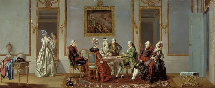 Framed Print : Gustavian Style Interior with Cardplayers, 1779. Creator: Per Hillestrom Framed Print : Gustavian Style Interior with Cardplayers, 1779. Creator: Per Hillestrom