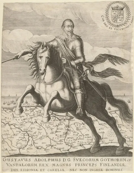 Framed Print : Gustavus Adolphus before the map of Pomerania in the background, 1630. Artist: Anonymous Framed Print : Gustavus Adolphus before the map of Pomerania in the background, 1630. Artist: Anonymous