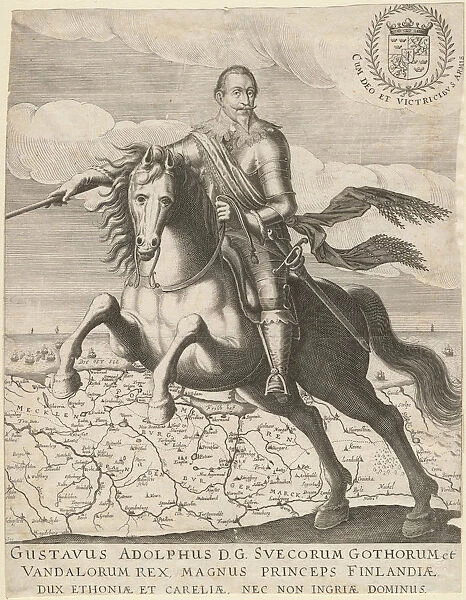 Gustavus Adolphus before the map of Pomerania in the background, 1630. Artist: Anonymous