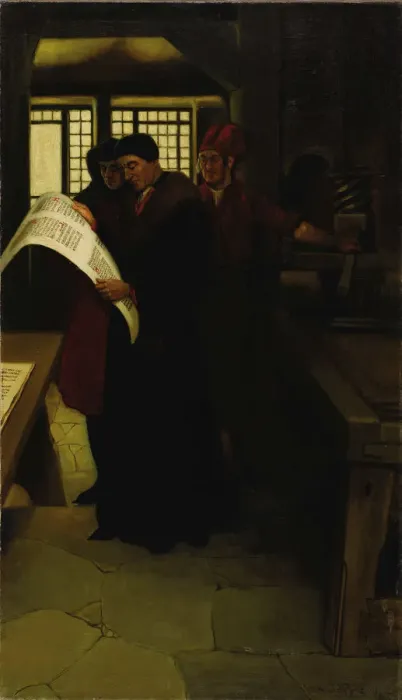 Framed Print : Gutenberg at the Press, 1902. Creator: Pyle, Howard (1853-1911) Framed Print : Gutenberg at the Press, 1902. Creator: Pyle, Howard (1853-1911)