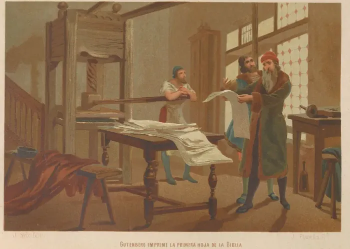 Framed Print : Gutenberg prints the first page of the Bible. From: La ciencia y sus hombres, 1879 Framed Print : Gutenberg prints the first page of the Bible. From: La ciencia y sus hombres, 1879