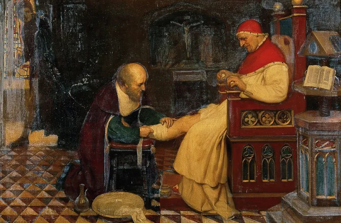 Framed Print : Guy de Chauliac bandaging the leg of Pope Clement VI at Avignon, while Petrarch... c1348, 1931. Creator: Ernest Board Framed Print : Guy de Chauliac bandaging the leg of Pope Clement VI at Avignon, while Petrarch... c1348, 1931. Creator: Ernest Board