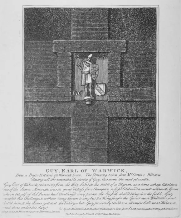 Framed Print : Guy, Earl of Warwick, relief in Warwick Lane at the corner of Newgate Street, City of London, 1791 Framed Print : Guy, Earl of Warwick, relief in Warwick Lane at the corner of Newgate Street, City of London, 1791