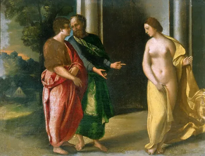 Framed Print : Gyges and Candaules, c. 1510. Creator: Dossi, Dosso (ca. 1486-1542)
