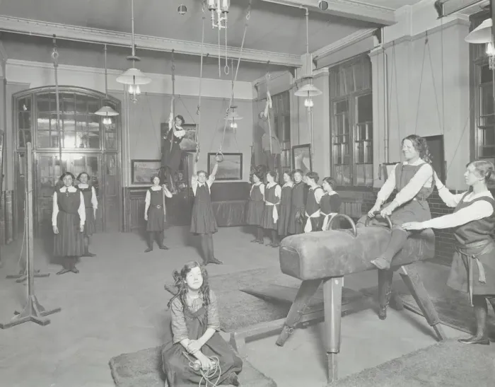 Framed Print : Gymnastics lesson, Laxon Street Evening Institute for Women, London, 1914 Framed Print : Gymnastics lesson, Laxon Street Evening Institute for Women, London, 1914