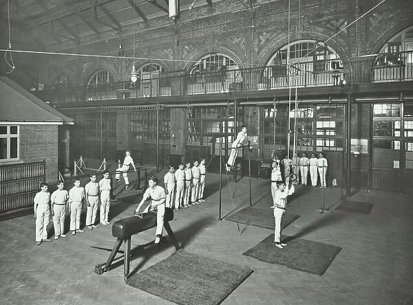 Gymnastics by male students, School of Building, Brixton, London, 1914
