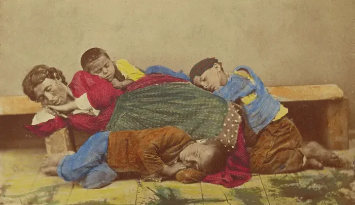 Framed Print : Gypsy mother and three children alseep on bench and ground, 1865-1870. Creator: Giorgio Conrad Framed Print : Gypsy mother and three children alseep on bench and ground, 1865-1870. Creator: Giorgio Conrad