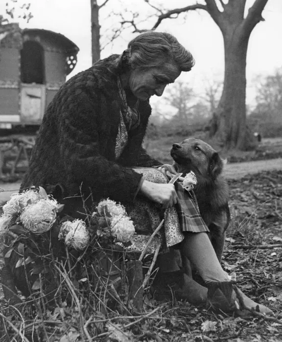 Framed Print : Gypsy woman with dog, 1960s Framed Print : Gypsy woman with dog, 1960s