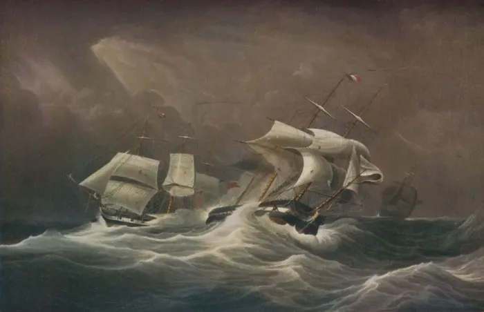 Framed Print : H. M. S. Indefatigable Engaging The French Droits-De-L Homme, 1797, 1829. Artist: Edward Duncan Framed Print : H. M. S. Indefatigable Engaging The French Droits-De-L Homme, 1797, 1829. Artist: Edward Duncan