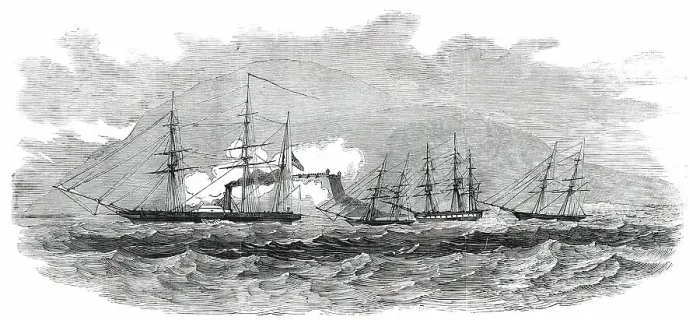 Framed Print : H. M. Steam-Frigate Cormorant Passing the Fort of Paranagua, and Engaging, 1850. Creator: Unknown. H. M. Steam-Frigate Cormorant Passing the Fort of Paranagua, and Engaging, 1850. Creator: Unknown Framed Print : H. M. Steam-Frigate Cormorant Passing the Fort of Paranagua, and Engaging, 1850. Creator: Unknown. H. M. Steam-Frigate Cormorant Passing the Fort of Paranagua, and Engaging, 1850. Creator: Unknown