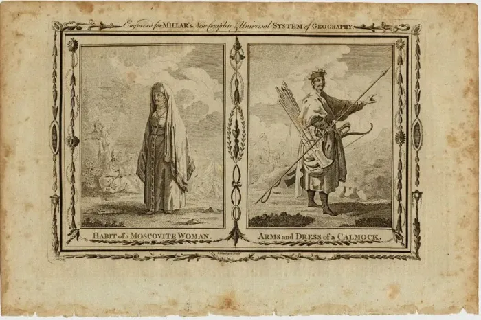 Framed Print : Habits of a Moscovite Woman and Arms and Dress of a Kalmyk, ca 1730. Artist: Grainger, William (active 1784-1793) Framed Print : Habits of a Moscovite Woman and Arms and Dress of a Kalmyk, ca 1730. Artist: Grainger, William (active 1784-1793)