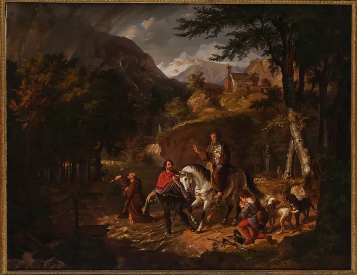 Framed Print : The Habsburg legend: Count Rudolf helps a priest over a torrent, 1830. Creator: Müller, Friedrich Wilhelm (1801-1889) Framed Print : The Habsburg legend: Count Rudolf helps a priest over a torrent, 1830. Creator: Müller, Friedrich Wilhelm (1801-1889)