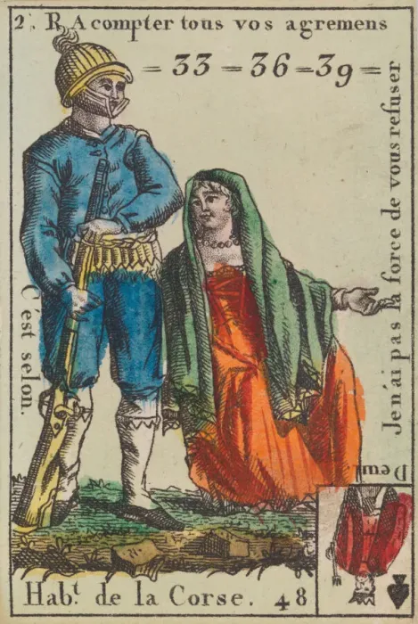 Framed Print : Hab.t de la Corse from Playing Cards (for Quartets) Costumes des Peuples Etrangers... 1700-1799. Creator: Anon Framed Print : Hab.t de la Corse from Playing Cards (for Quartets) Costumes des Peuples Etrangers... 1700-1799. Creator: Anon