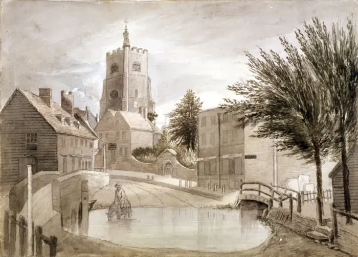 Framed Print : Hackney Brook and St Johns church, Hackney, London, c1790 Framed Print : Hackney Brook and St Johns church, Hackney, London, c1790