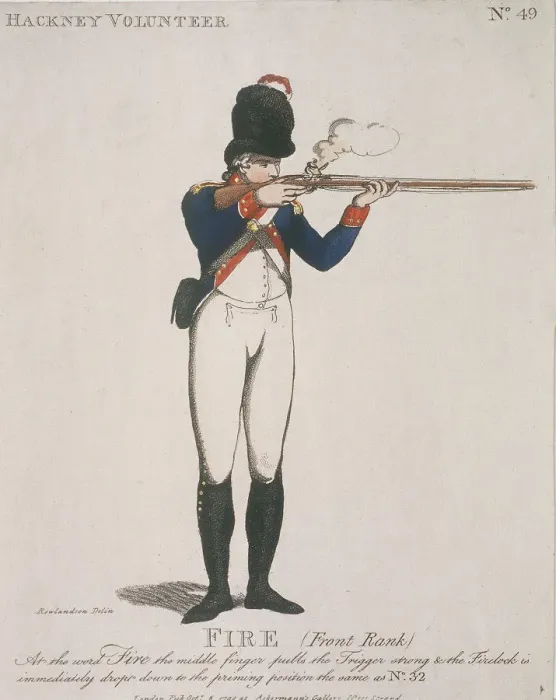 Framed Print : Hackney Volunteer firing a rifle, 1798 Framed Print : Hackney Volunteer firing a rifle, 1798