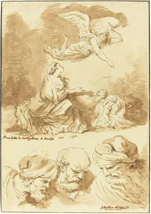 Framed Print : Hagar Consoled by an Angel (from a painting by Castiglione) and Three Heads of Old Men... 1774. Creator: Jean Claude Richard Saint-Non Framed Print : Hagar Consoled by an Angel (from a painting by Castiglione) and Three Heads of Old Men... 1774. Creator: Jean Claude Richard Saint-Non