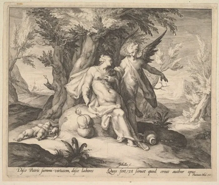 Framed Print : Hagar in the Desert Consoled by an Angel, ca. 1609. Creator: Jan Muller Framed Print : Hagar in the Desert Consoled by an Angel, ca. 1609. Creator: Jan Muller