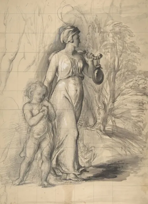 Framed Print : Hagar and Ishmael in the Wilderness (recto); Two Portrait Studies of the Artists Wife Framed Print : Hagar and Ishmael in the Wilderness (recto); Two Portrait Studies of the Artists Wife