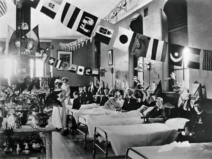 Framed Print : Hahnemann Hospital and Homeopathic Dispensaries, Liverpool: a ward, decorated with... (1910?). Creator: Unknown Framed Print : Hahnemann Hospital and Homeopathic Dispensaries, Liverpool: a ward, decorated with... (1910?). Creator: Unknown