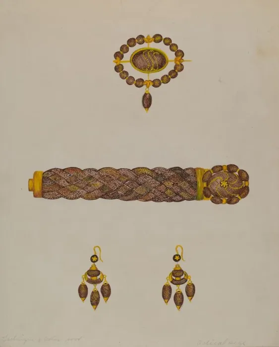 Framed Print : Hair Bracelet, Earrings, and Brooch, c. 1936. Creator: Florence Stevenson Framed Print : Hair Bracelet, Earrings, and Brooch, c. 1936. Creator: Florence Stevenson