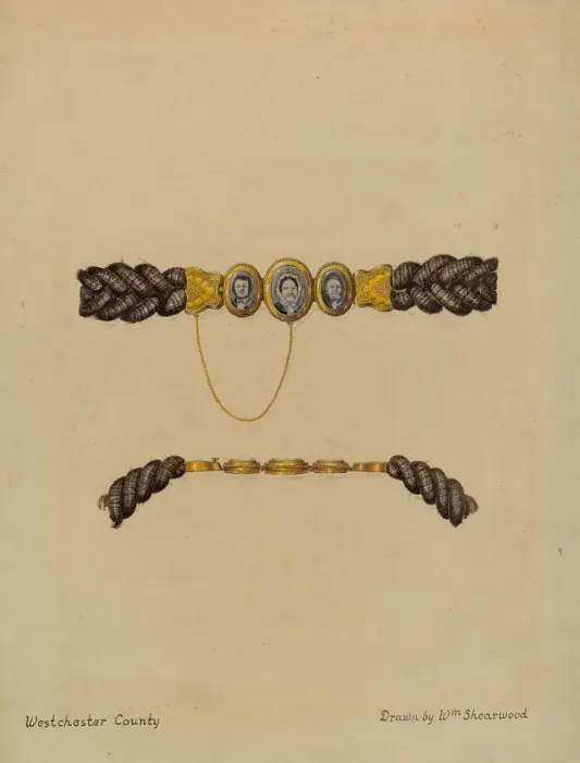 Framed Print : Hair Brooch and Bracelet, c. 1936. Creator: William P. Shearwood Framed Print : Hair Brooch and Bracelet, c. 1936. Creator: William P. Shearwood