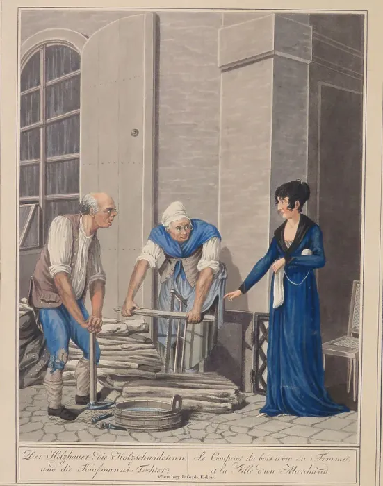 Framed Print : The hairdresser and the shoe repairer in Vienna. (Vienna scenes and popular pastimes), 1804-1812. Creator: Opiz, Georg Emanuel (1775-1841) Framed Print : The hairdresser and the shoe repairer in Vienna. (Vienna scenes and popular pastimes), 1804-1812. Creator: Opiz, Georg Emanuel (1775-1841)