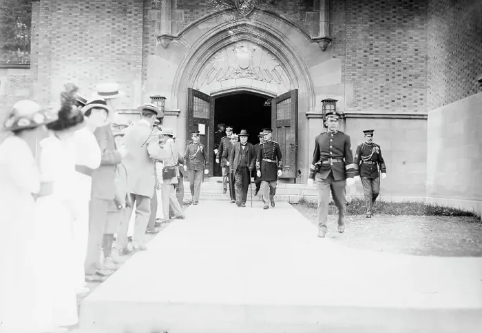 Framed Print : Haldane leaving gymnasium, West Point, 1913. Creator: Bain News Service Framed Print : Haldane leaving gymnasium, West Point, 1913. Creator: Bain News Service